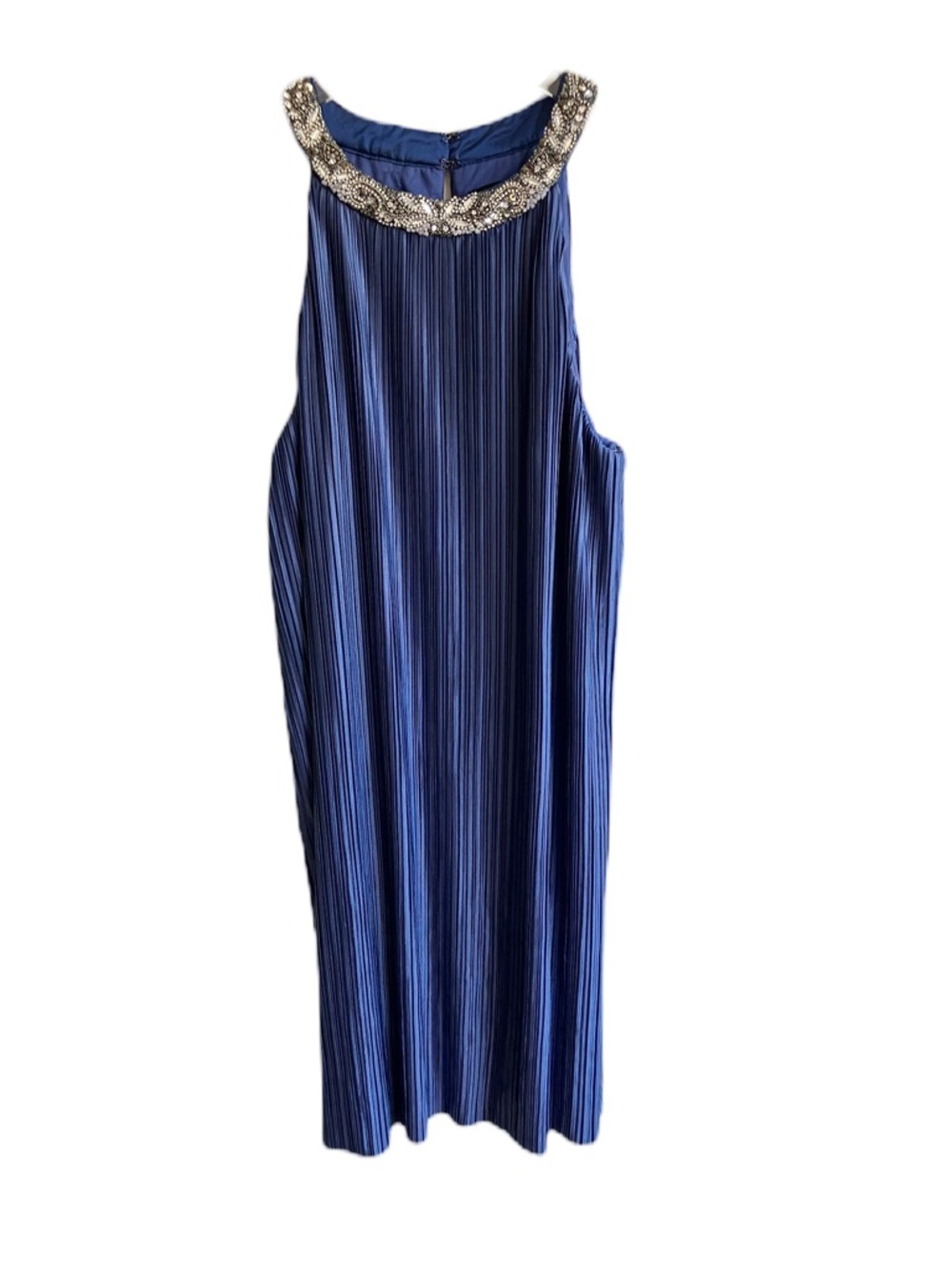 Aidan Mattox Navy Pleated Midi Dress Size 8 Beaded Yoke Sleeveless Wedding Guest - Picture 2 of 13